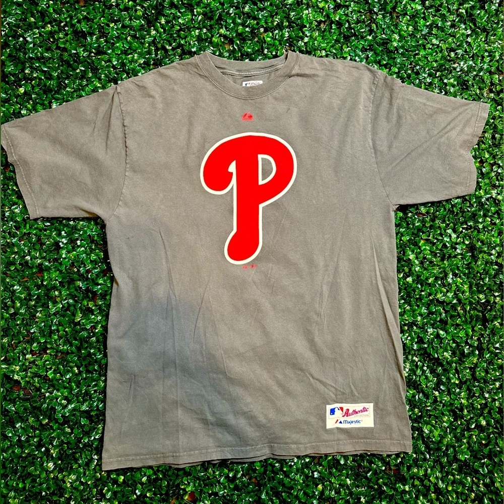 Philadelphia PHILLIES P MLB AUTHENTIC MAJESTIC Grey TEE SHIRT Mens Large